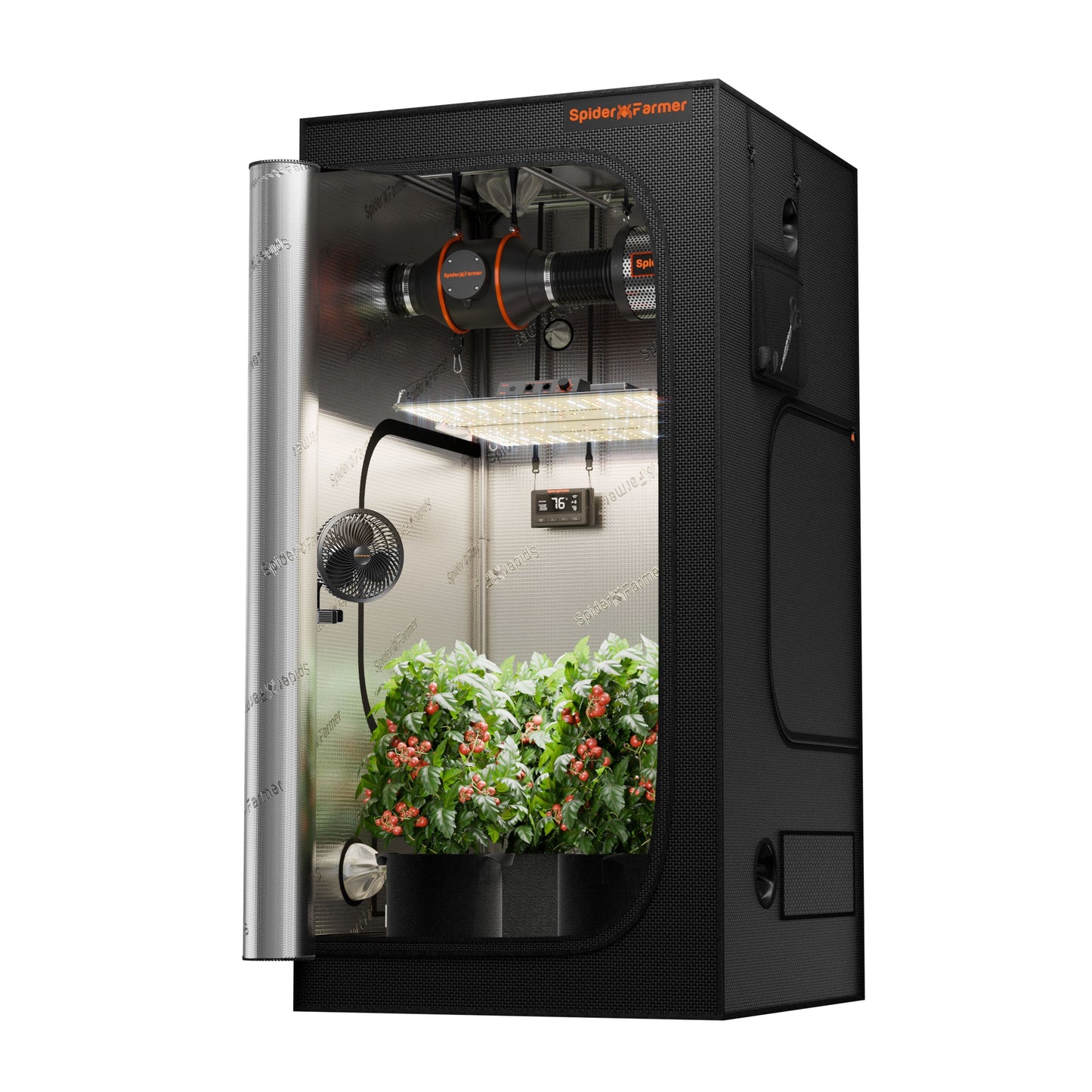 2024 Spider Farmer® 90x90x180 cm Komplettes Grow-Zelt-Set丨SF2000PRO EVO 200W Vollspektrum-LED-Pflanzenlampe丨4″ Belüftungssystem mit Feuchtigkeits- und Temperaturregler丨6″ Clip-Ventilator