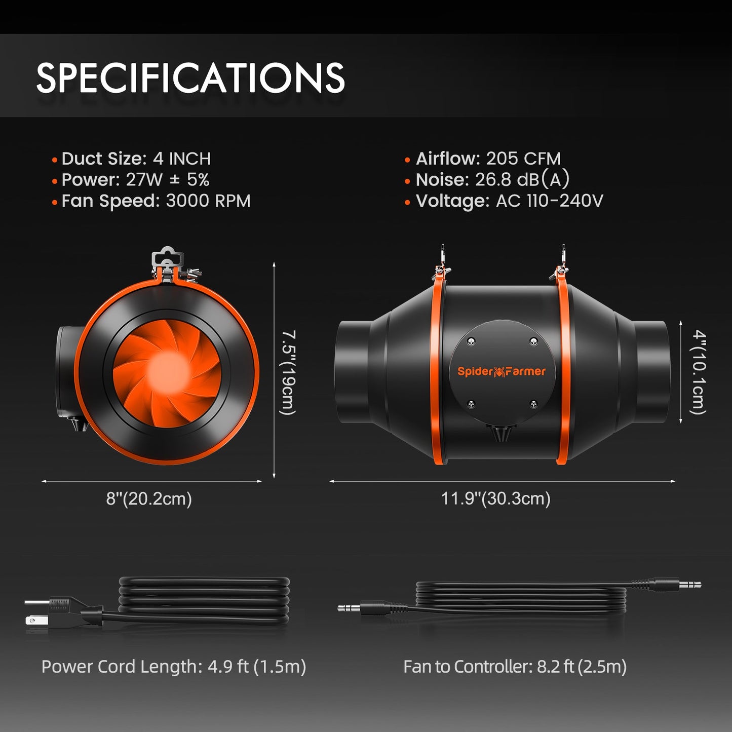 Spider Farmer 10-cm-Inline-Rohrventilator mit Geschwindigkeitsregler, Lüftungs- und Abluftventilator, 205 CFM